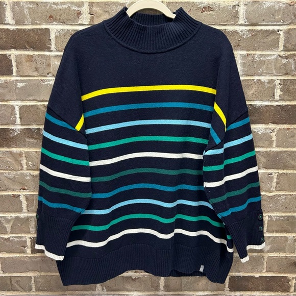 T by Talbots Coolmax Drop Shoulder Turtleneck Sweater Stripes Blue Buttons Sz 3X - Picture 2 of 7